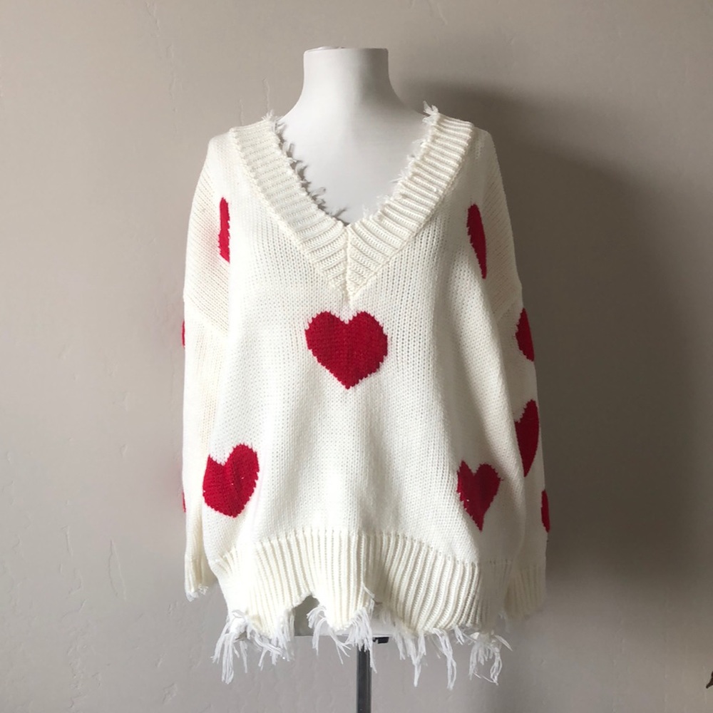 White and Red Heart sweater